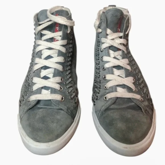 Prada Mid Top Eyelet Cap Toe Gray Sneaker Size 37.5 / US 6.5-7 - Picture 3 of 11